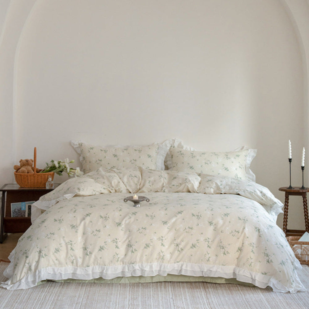 Annie Lace Ruffle Floral Bedding Set / Cream Blue