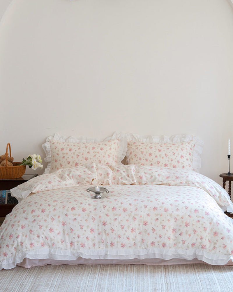 Annie Lace Ruffle Floral Bedding Set / Cream Blue