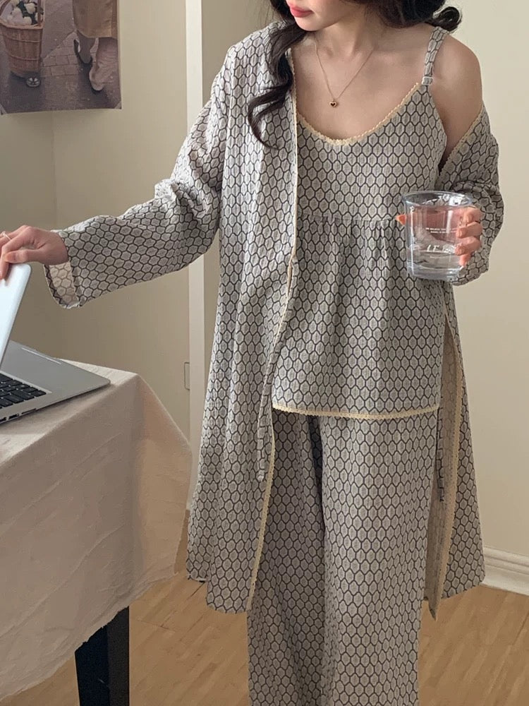 Floral Cotton Pajama Set / Brown