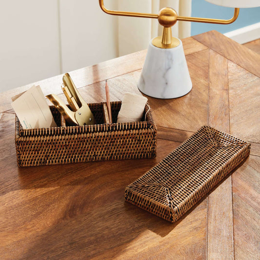 Rattan Desk Organizer with Lid and Compartments