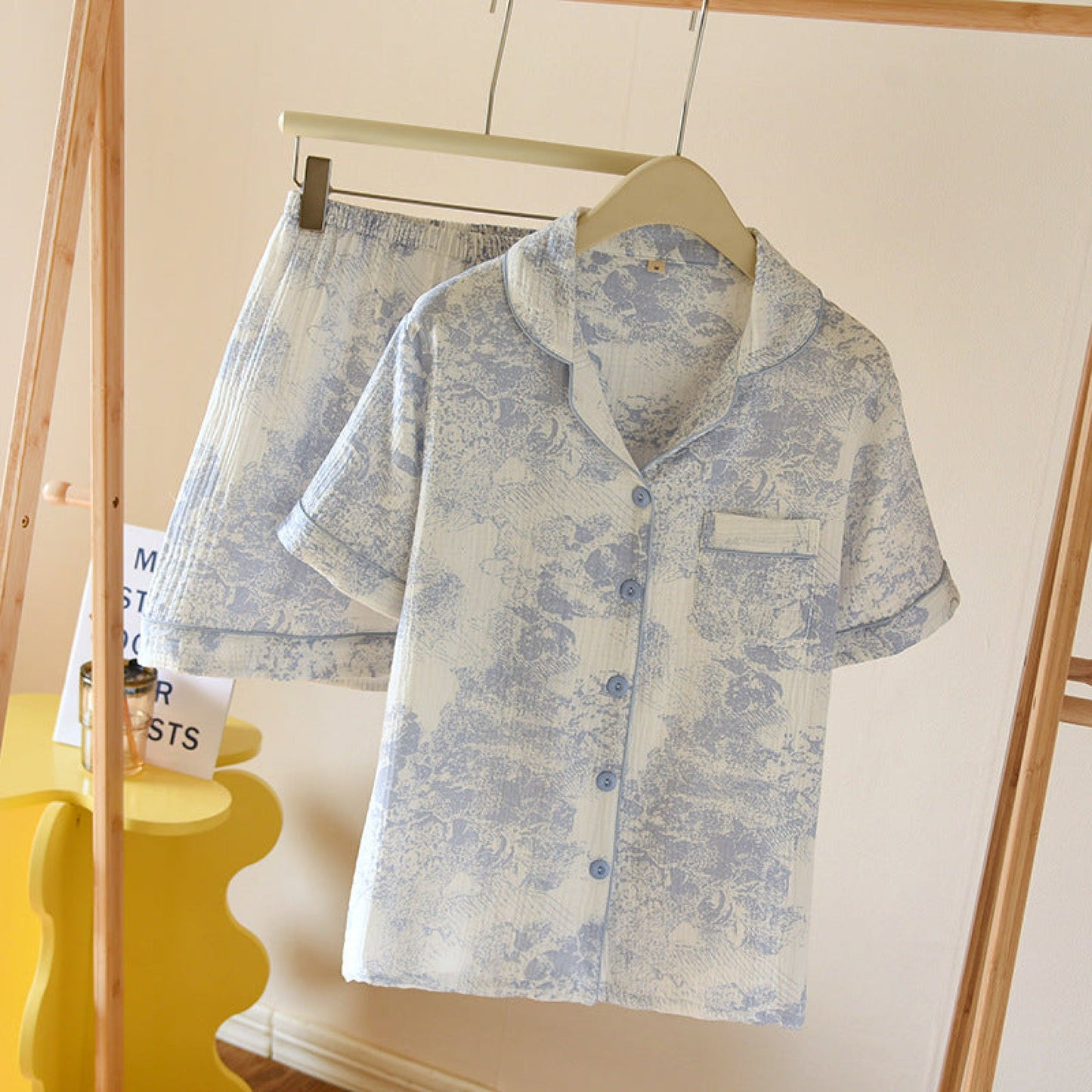 French Cottage Short Cotton Pajama Set / Blue