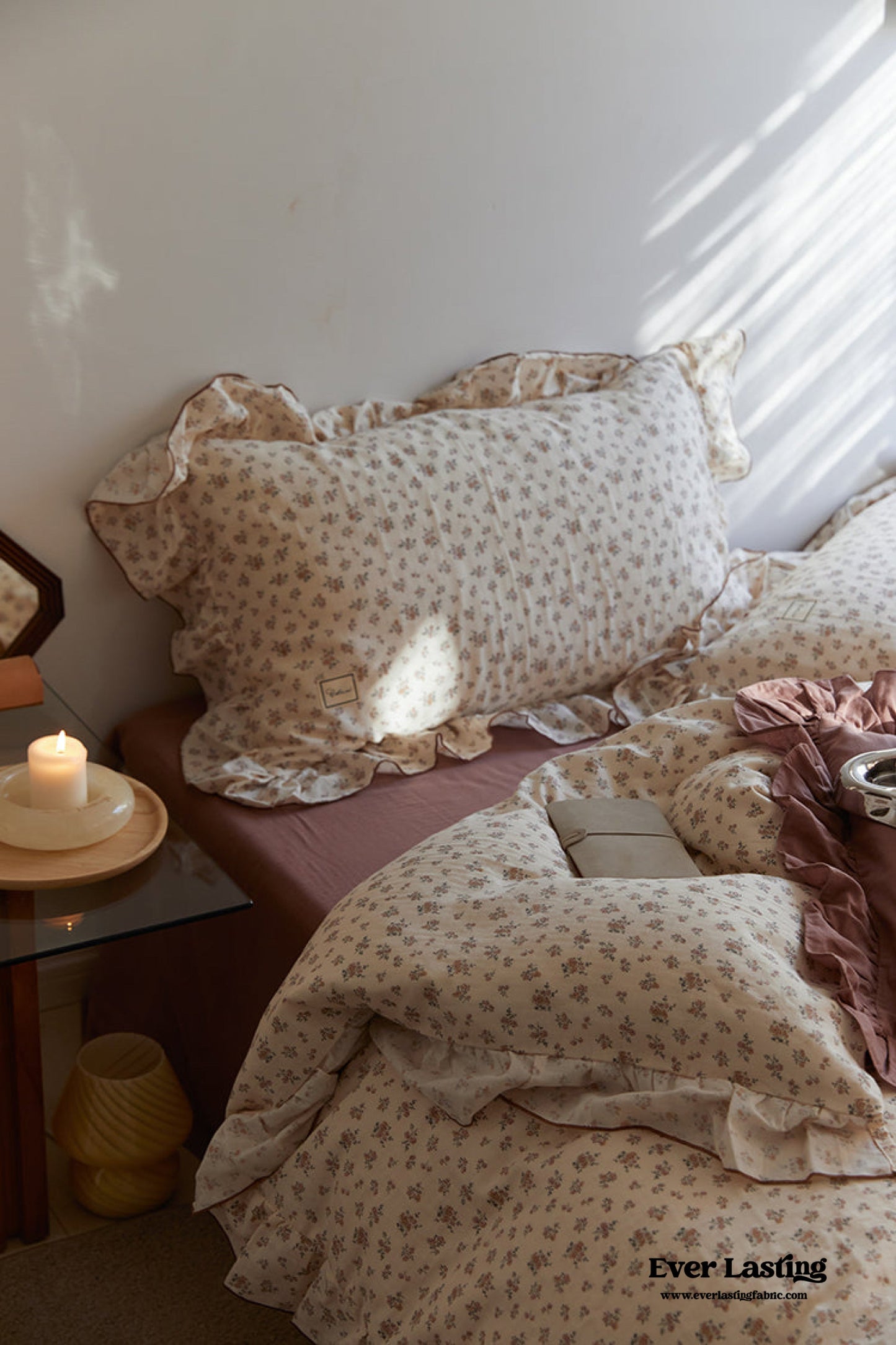 French Floral Earth Tone Double Layer Ruffle Bedding Set / Beige + Brown