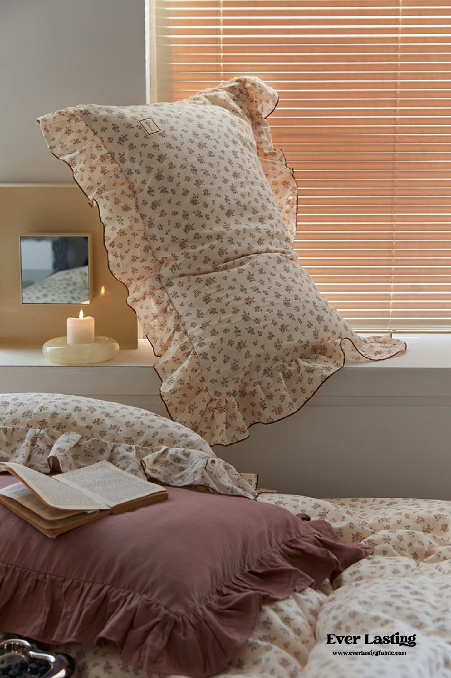 French Floral Earth Tone Double Layer Ruffle Bedding Set / Beige + Brown