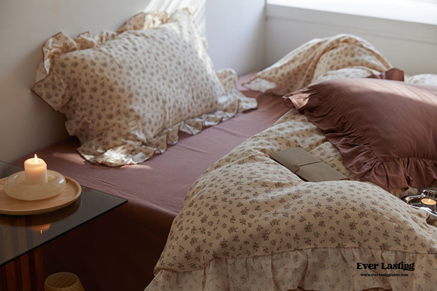 French Floral Earth Tone Double Layer Ruffle Bedding Set / Beige + Brown