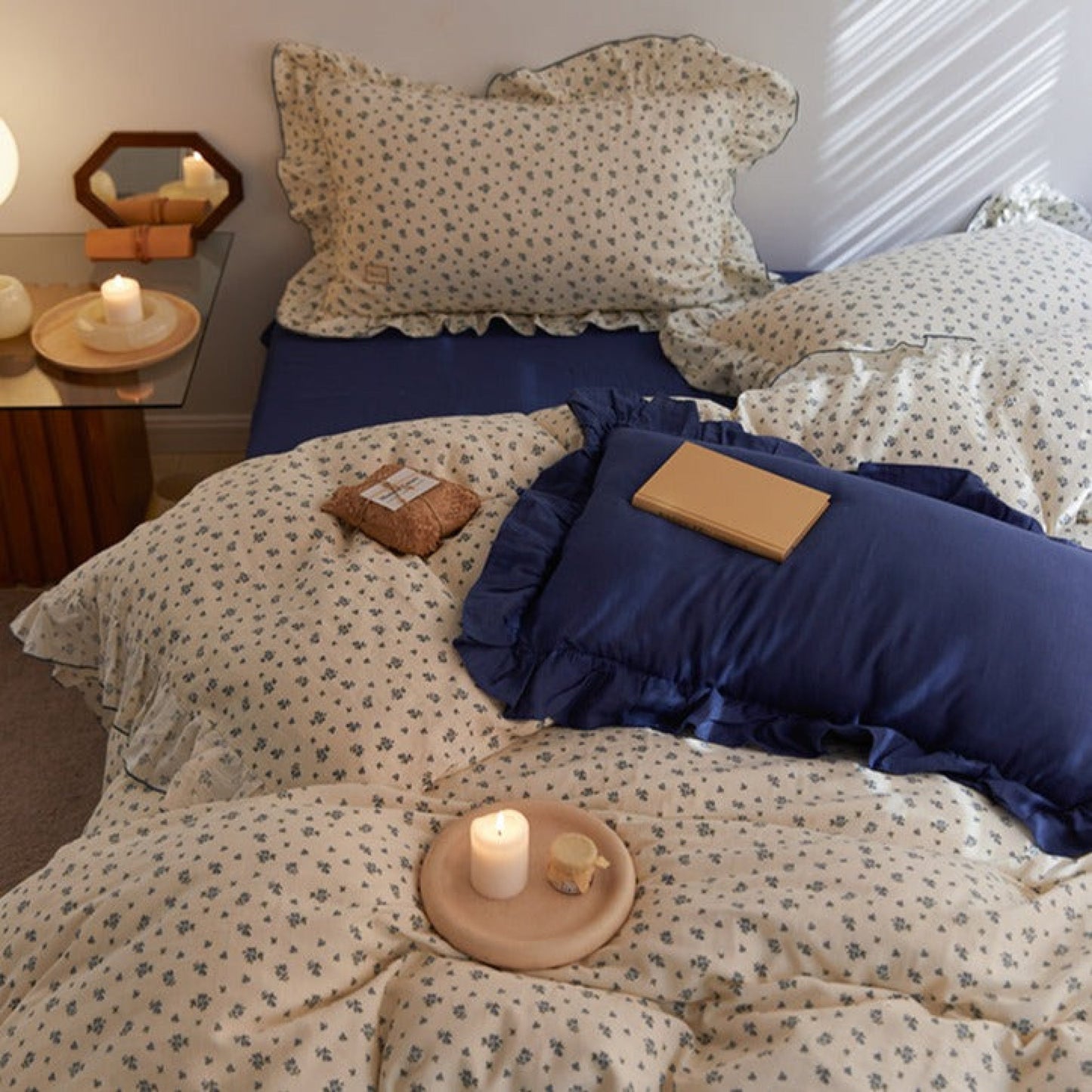 French Floral Earth Tone Double Layer Ruffle Bedding Set / Beige + Brown