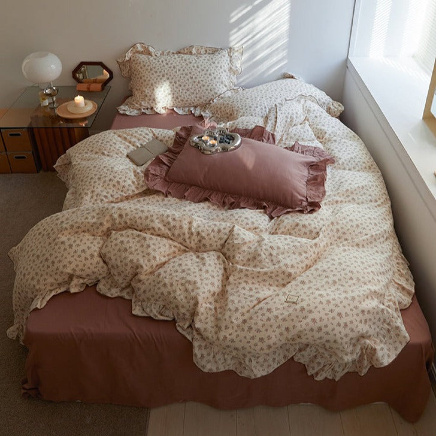 French Floral Earth Tone Double Layer Ruffle Bedding Set / Beige + Brown