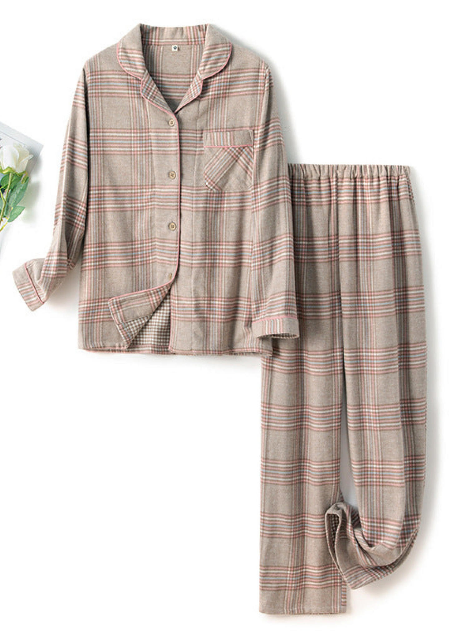 Minimalist Plaid Breathable Female Pajama Set / Pink