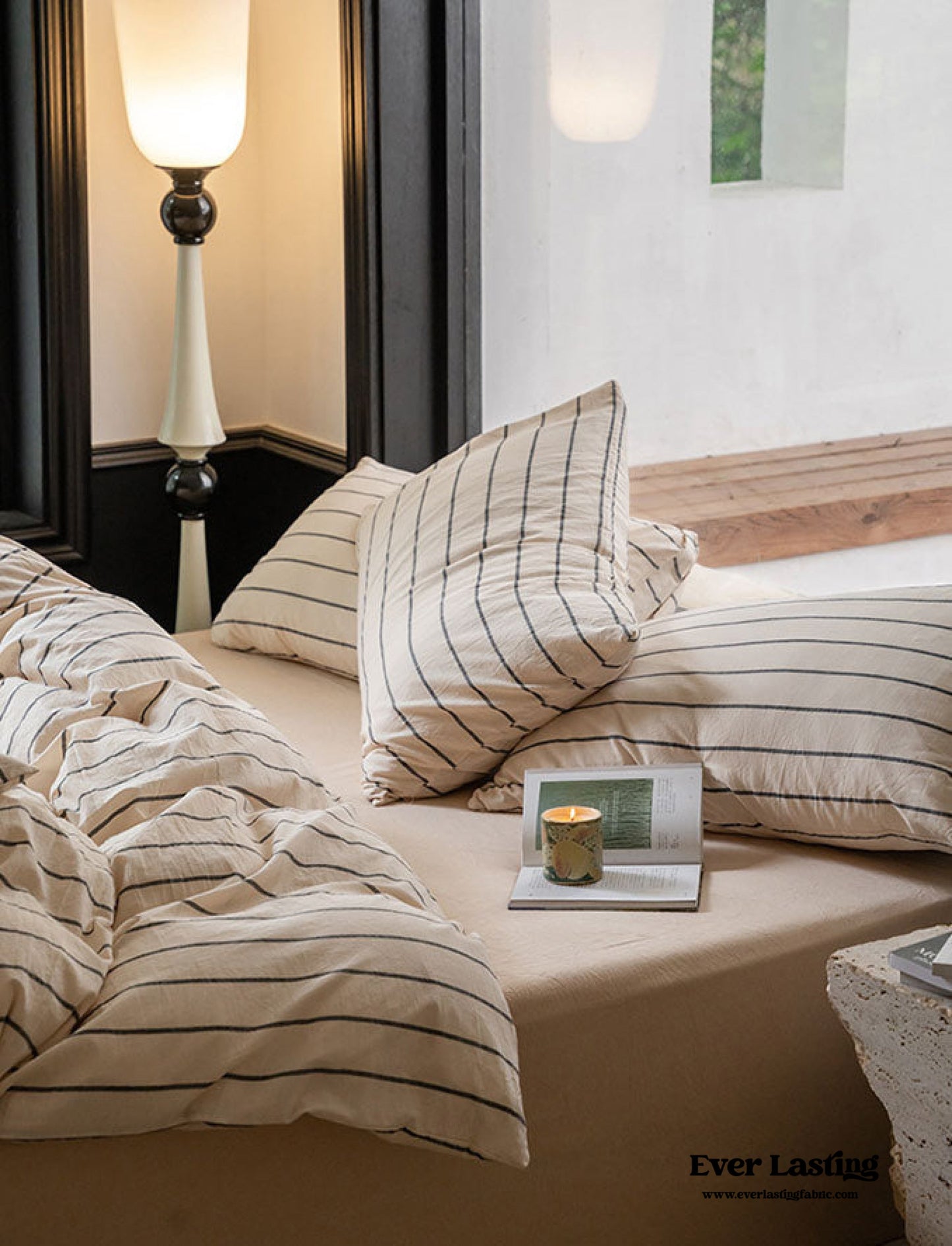Minimalist Vertical Stripe Bow Ties Bedding Set / Beige Custard