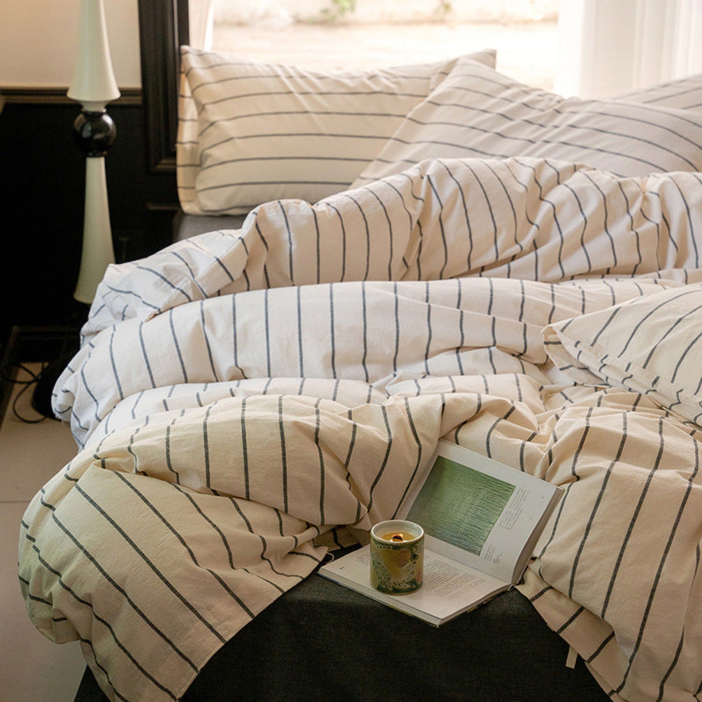Minimalist Vertical Stripe Bow Ties Bedding Set / Beige Custard