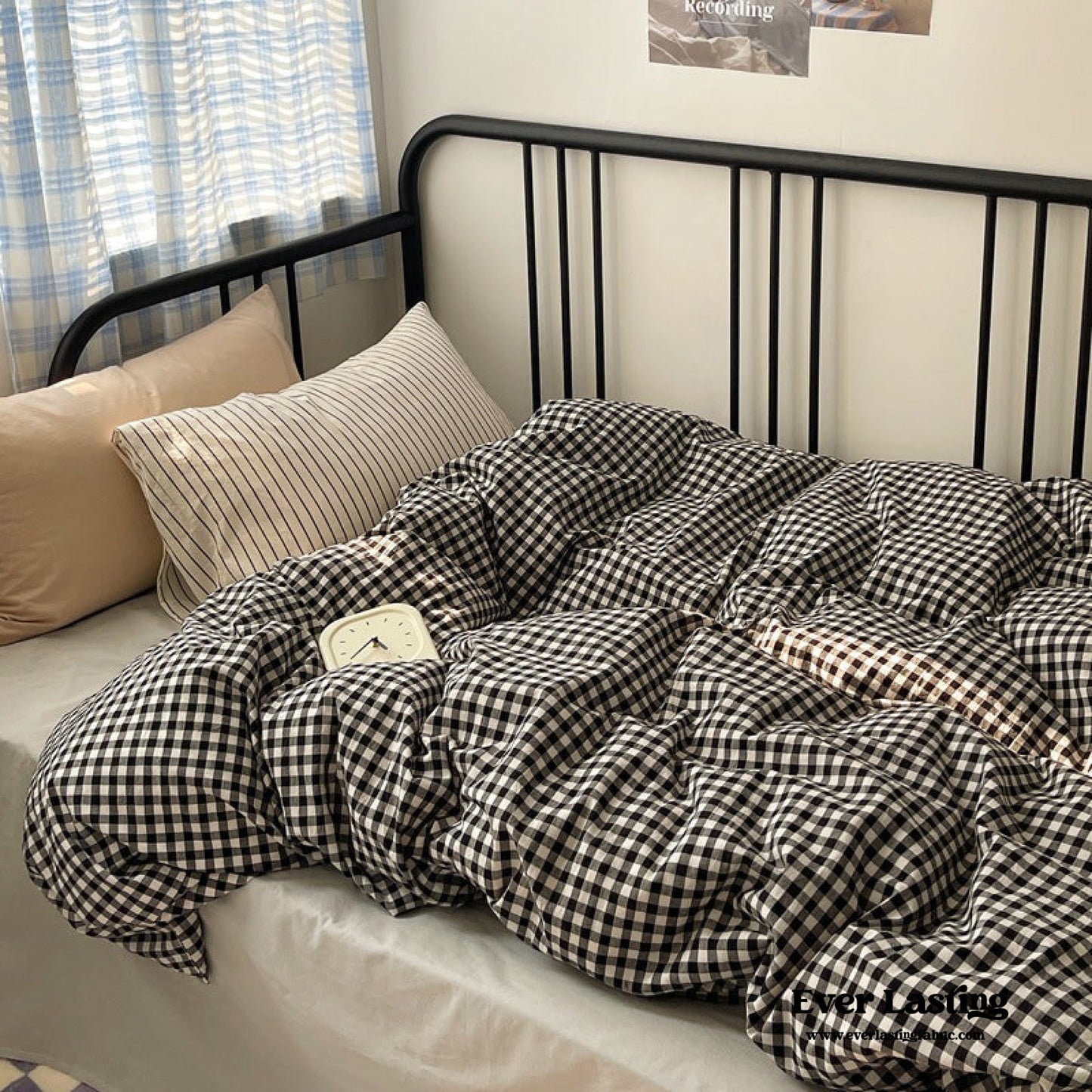 Mixed Gingham Striped Bedding Set / Black