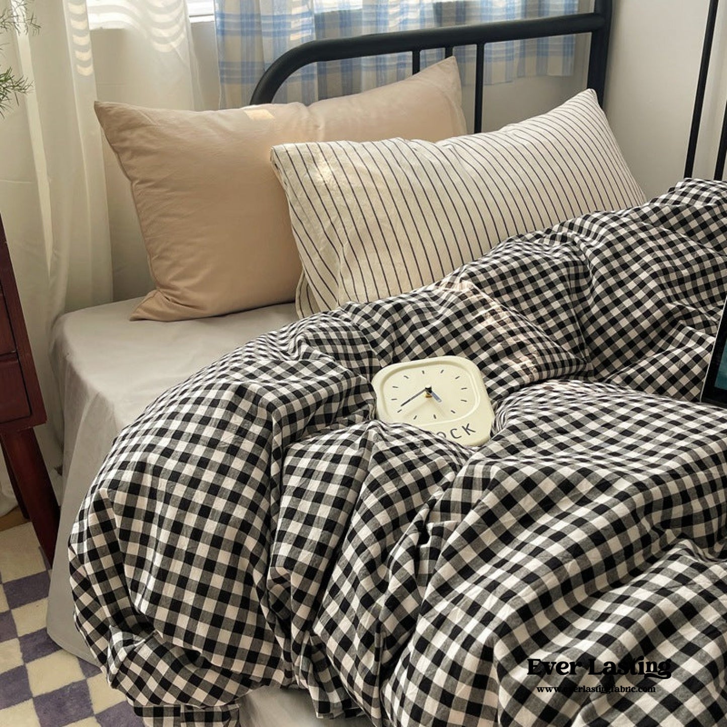 Mixed Gingham Striped Bedding Set / Black