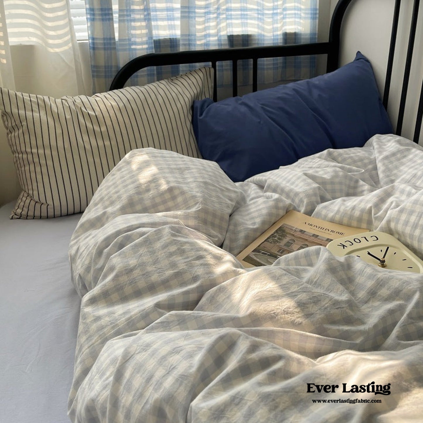 Mixed Gingham Striped Bedding Set / Black