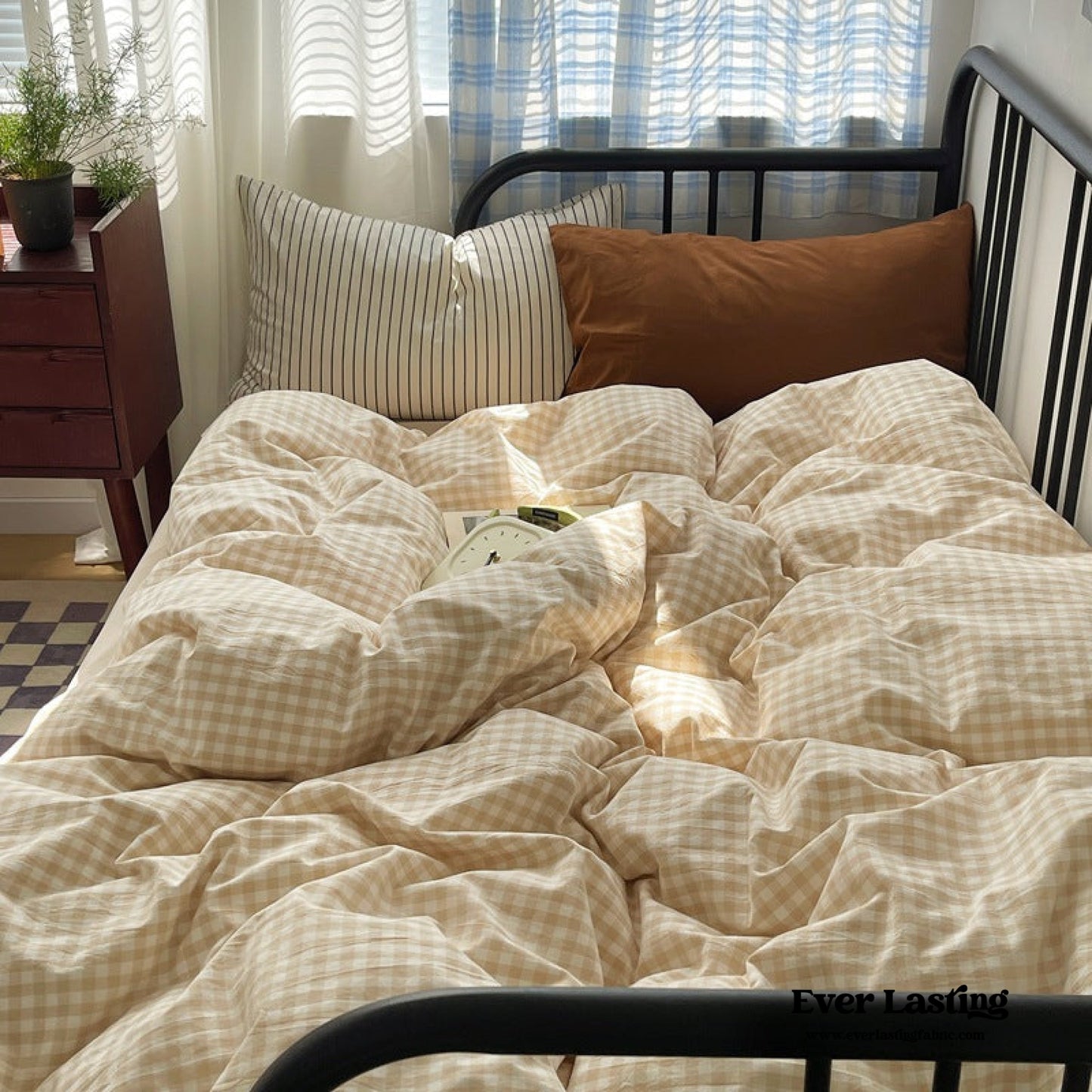 Mixed Gingham Striped Bedding Set / Black