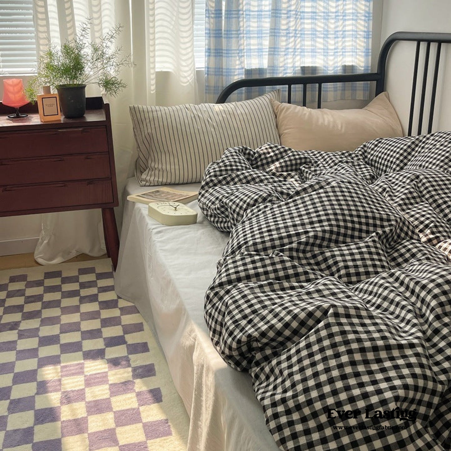 Mixed Gingham Striped Bedding Set / Black