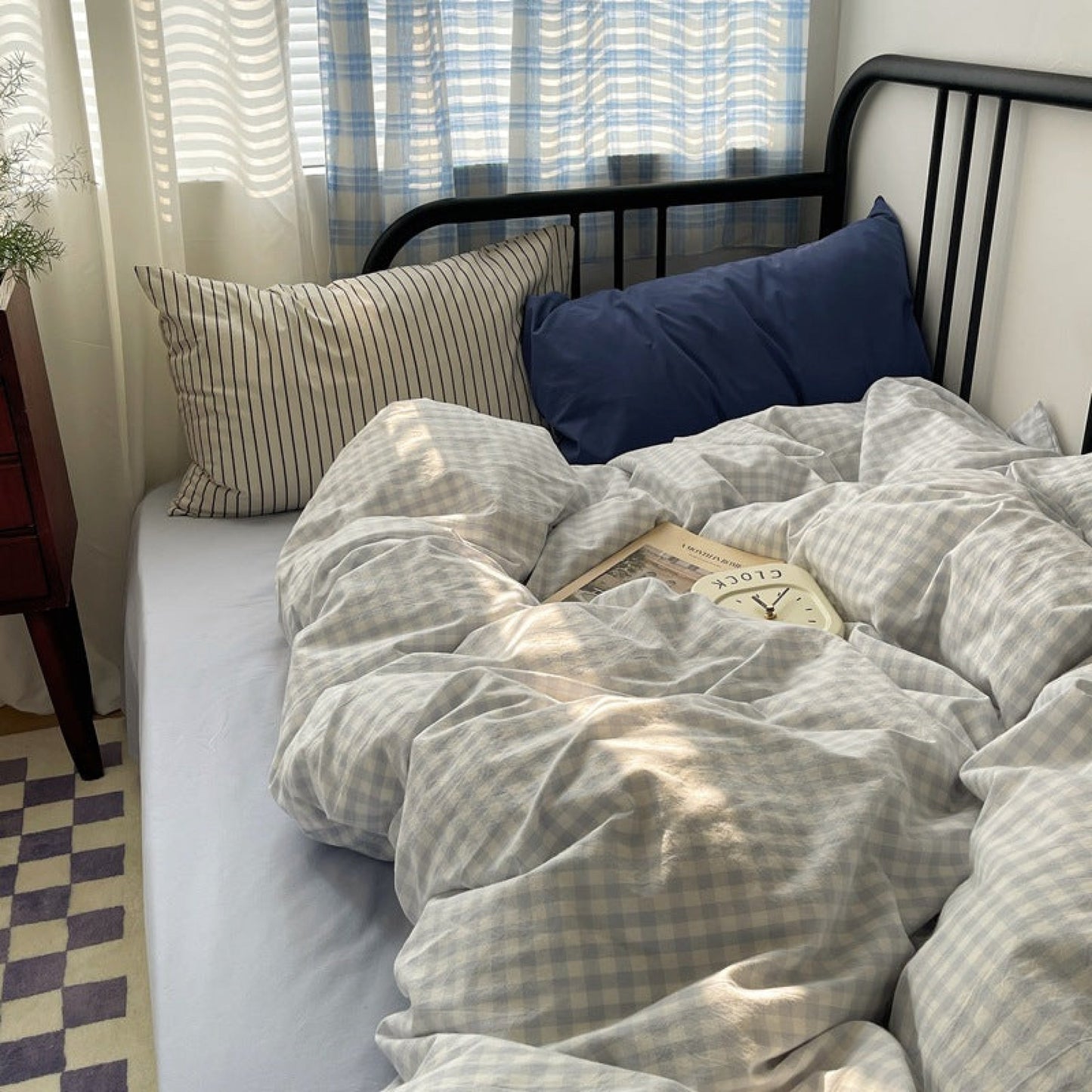 Mixed Gingham Striped Bedding Set / Black