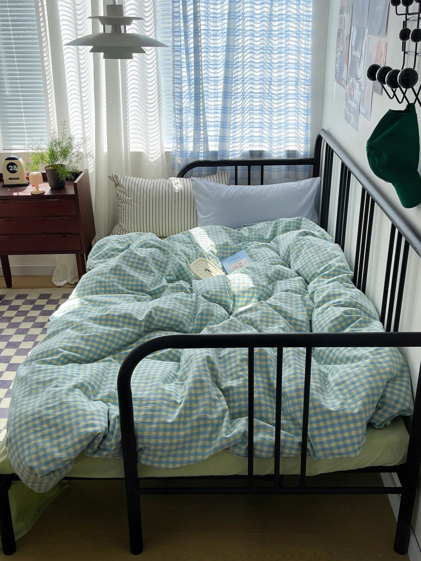 Mixed Gingham Striped Bedding Set / Black