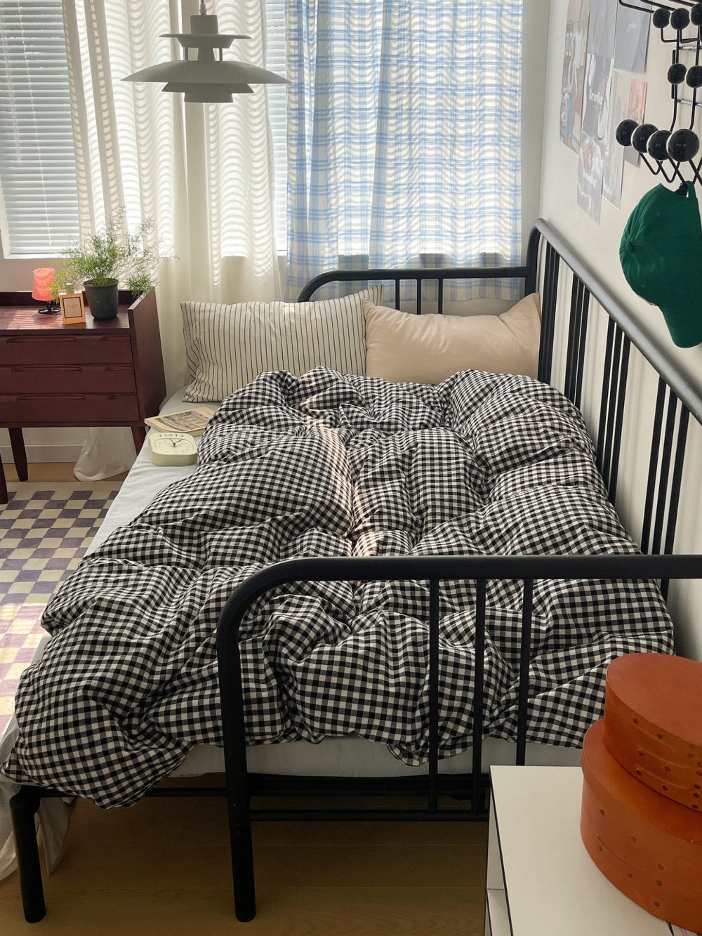 Mixed Gingham Striped Bedding Set / Black