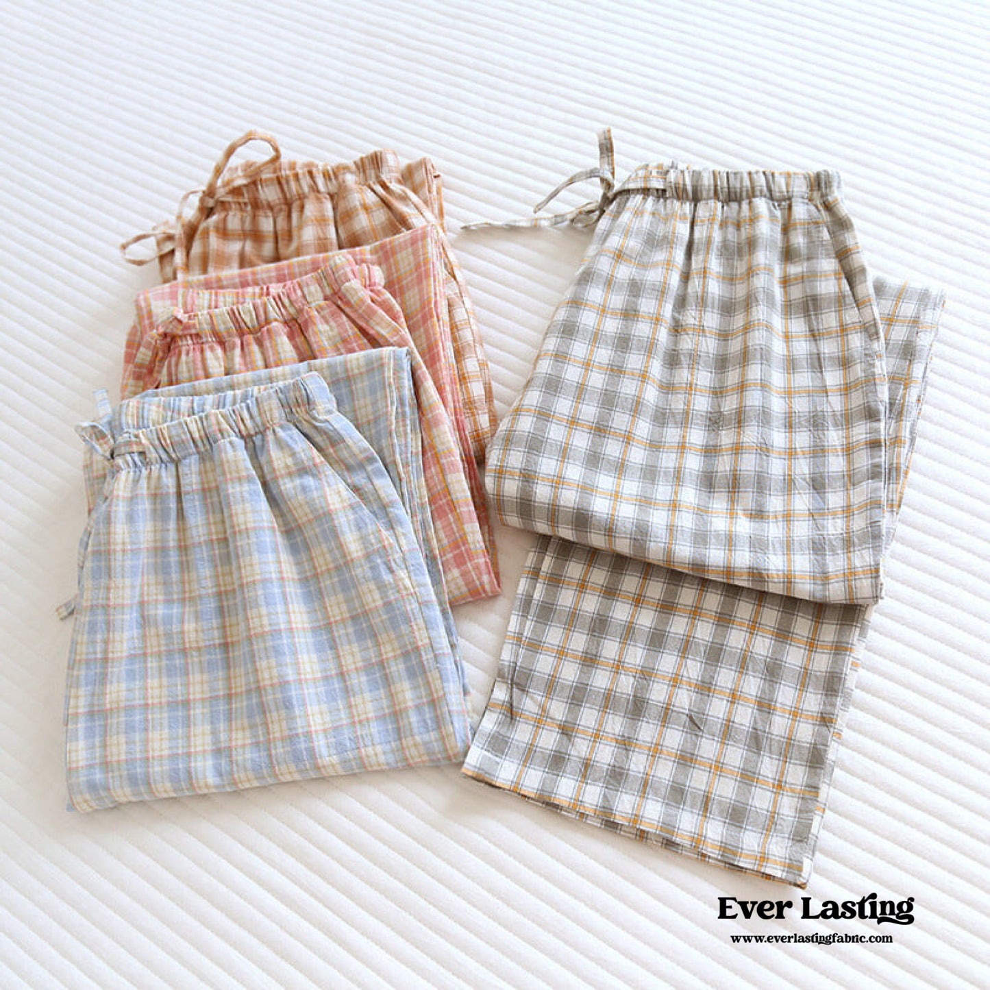 Plaid Washed Cotton Pajama Pants / Light Green