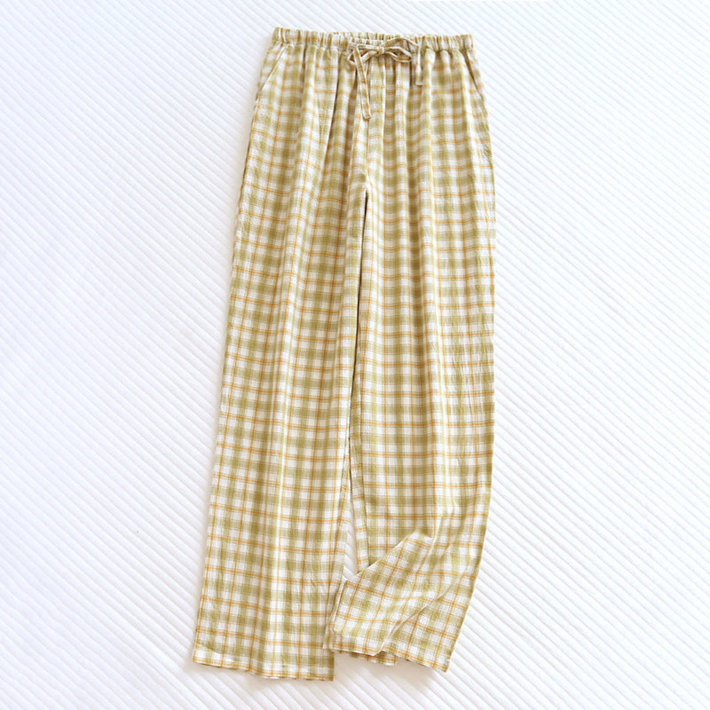 Plaid Washed Cotton Pajama Pants / Light Green