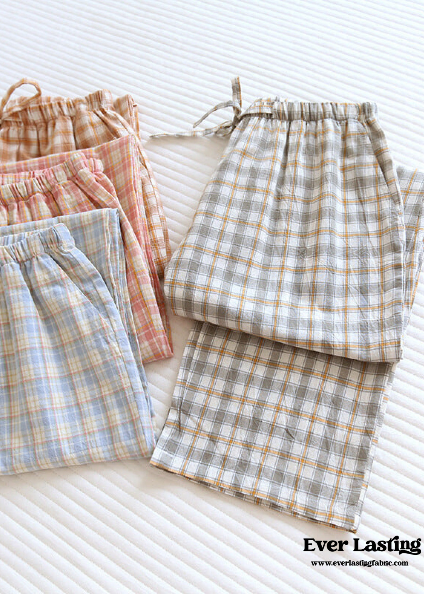 Plaid Washed Cotton Pajama Pants / Light Green