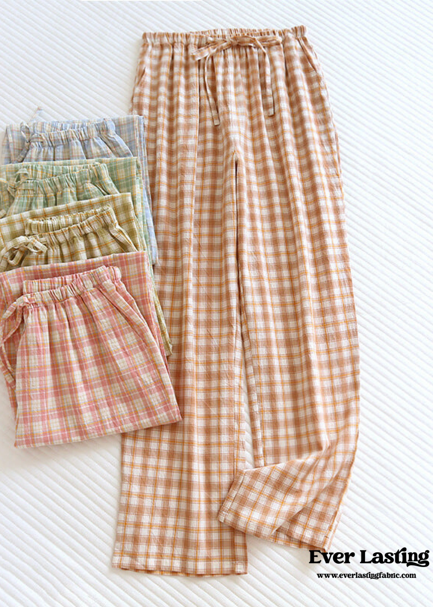 Plaid Washed Cotton Pajama Pants / Light Green