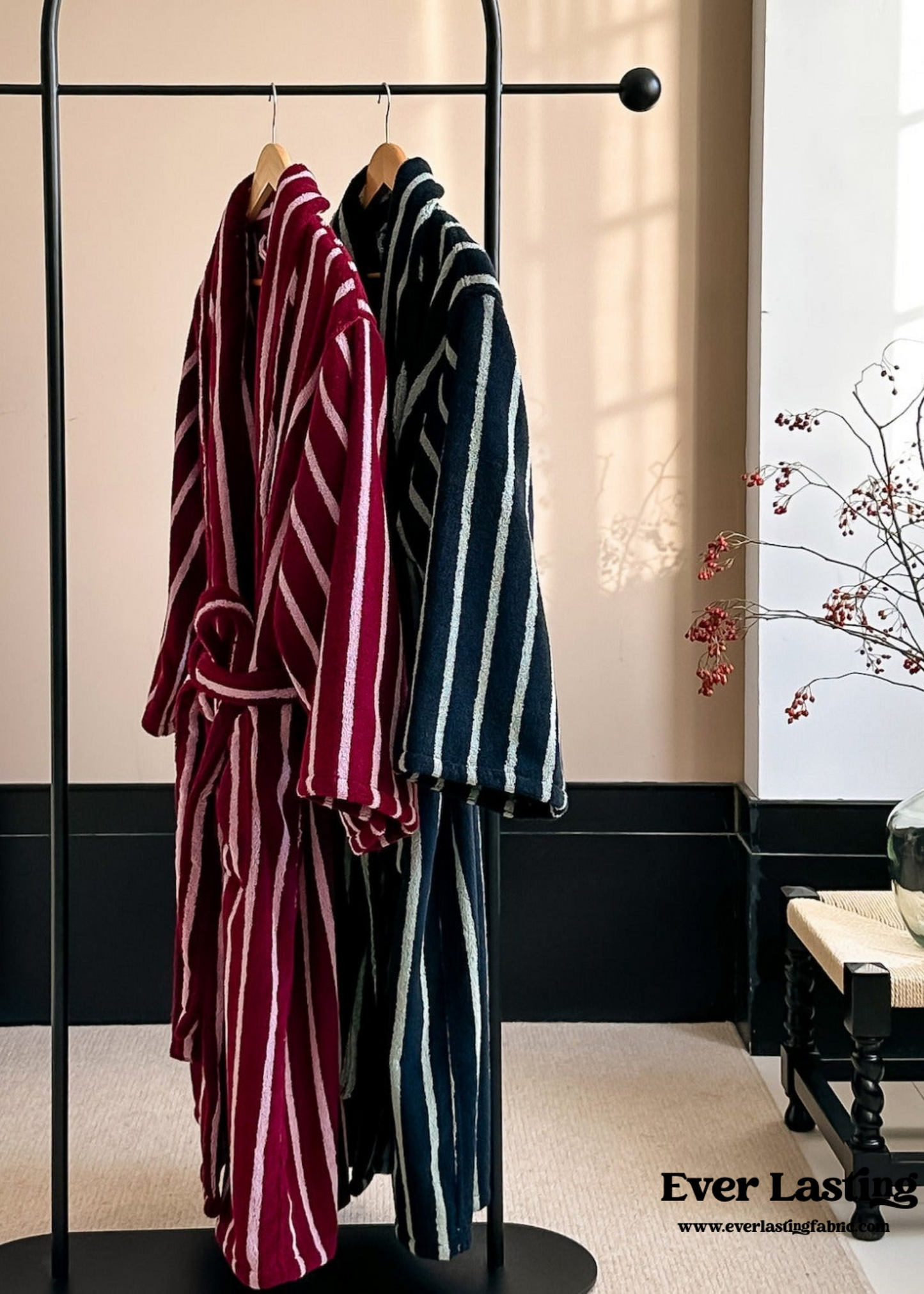 Retro Minimalist Striped Bathrobe Set / Green