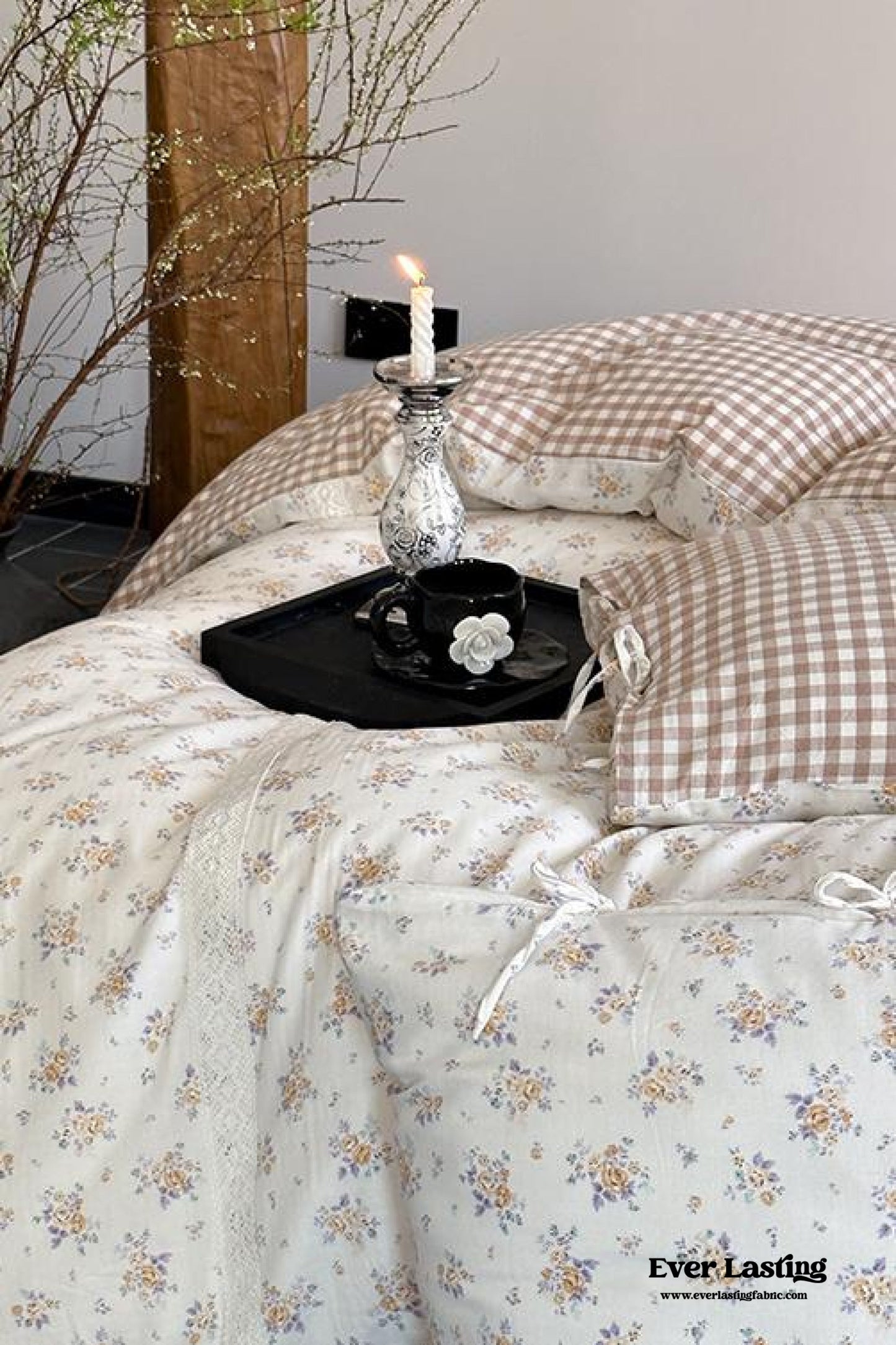 Rosalie Floral Lace Tie-Up Bedding Set / Khaki