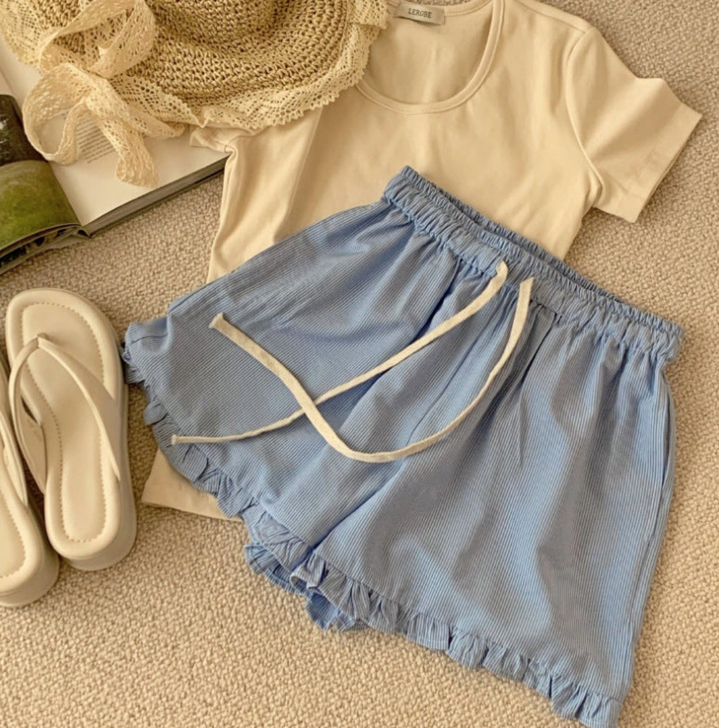 Ruffle Thin Stripes Shorts Lounge Bottoms / Blue