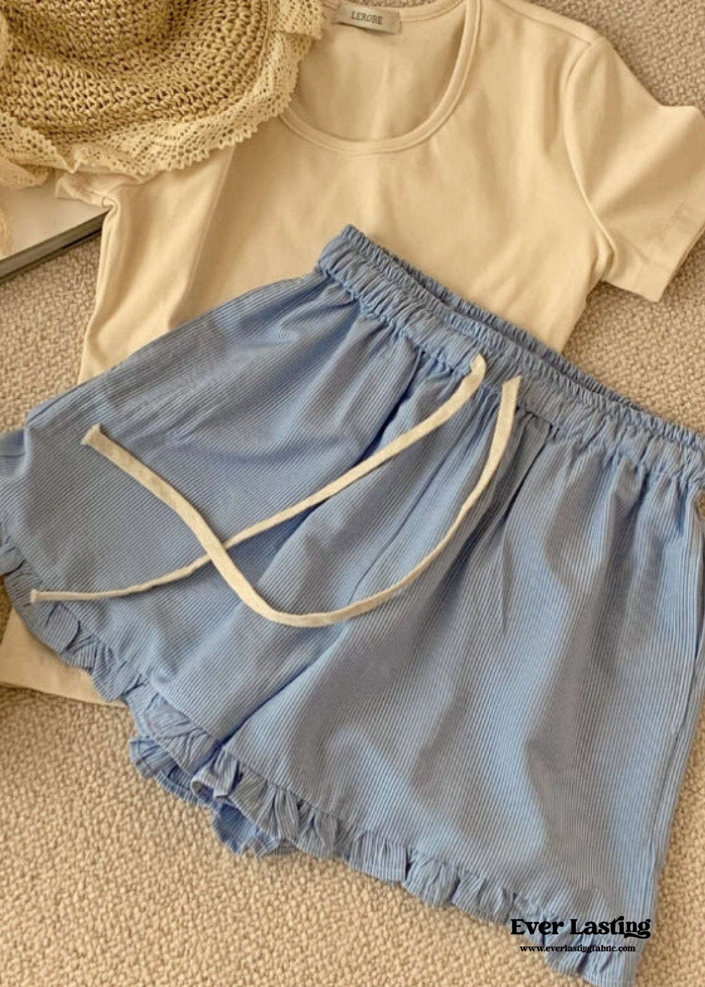 Ruffle Thin Stripes Shorts Lounge Bottoms / Blue