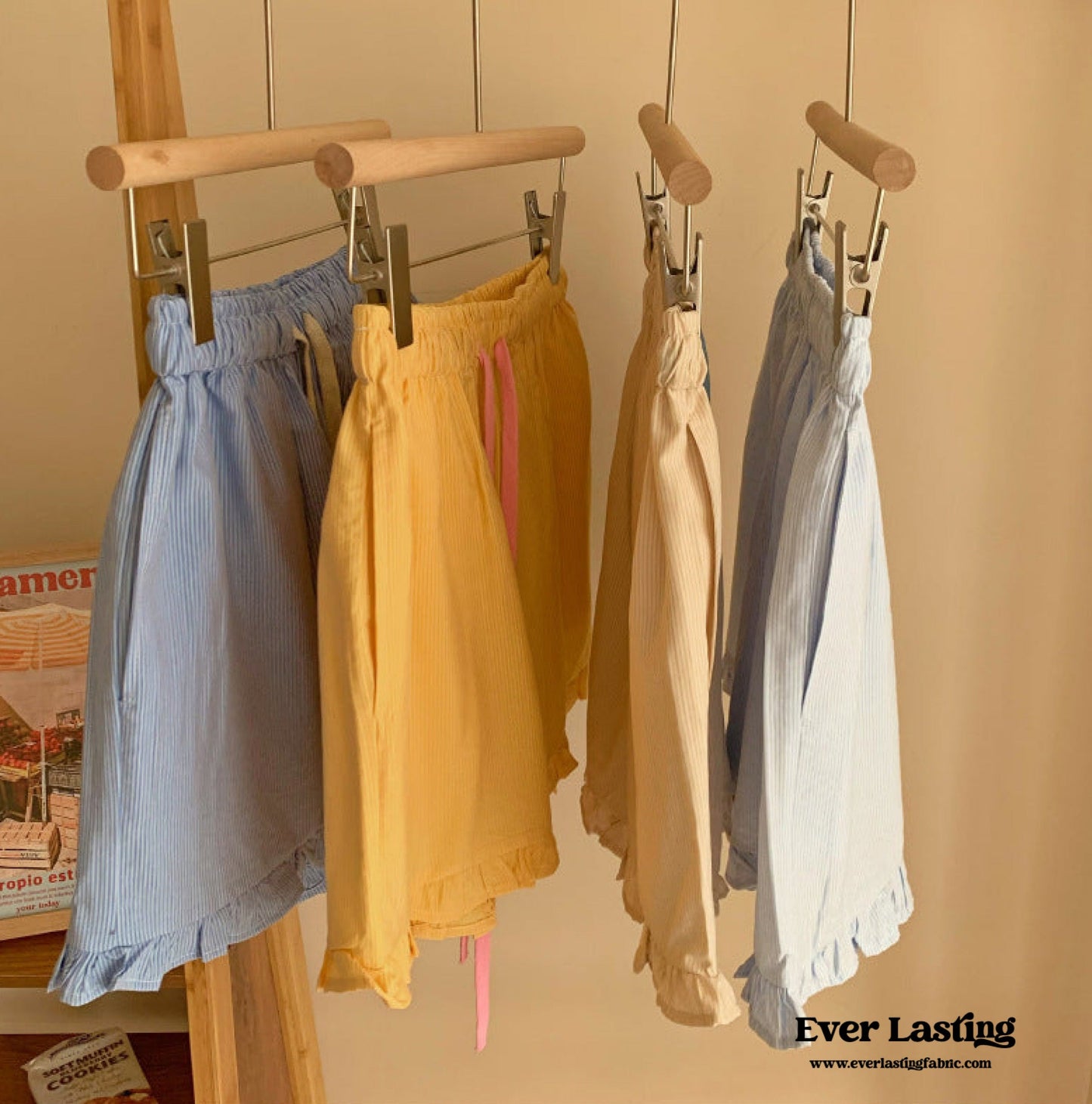 Ruffle Thin Stripes Shorts Lounge Bottoms / Light Blue