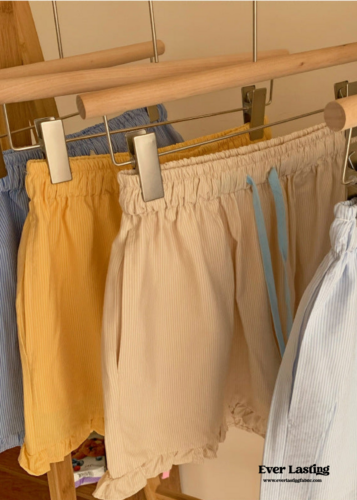 Ruffle Thin Stripes Shorts Lounge Bottoms / Light Blue
