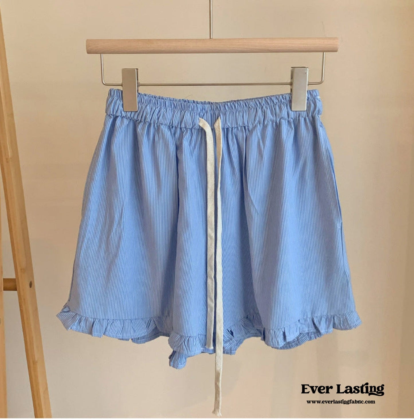 Ruffle Thin Stripes Shorts Lounge Bottoms / Light Blue