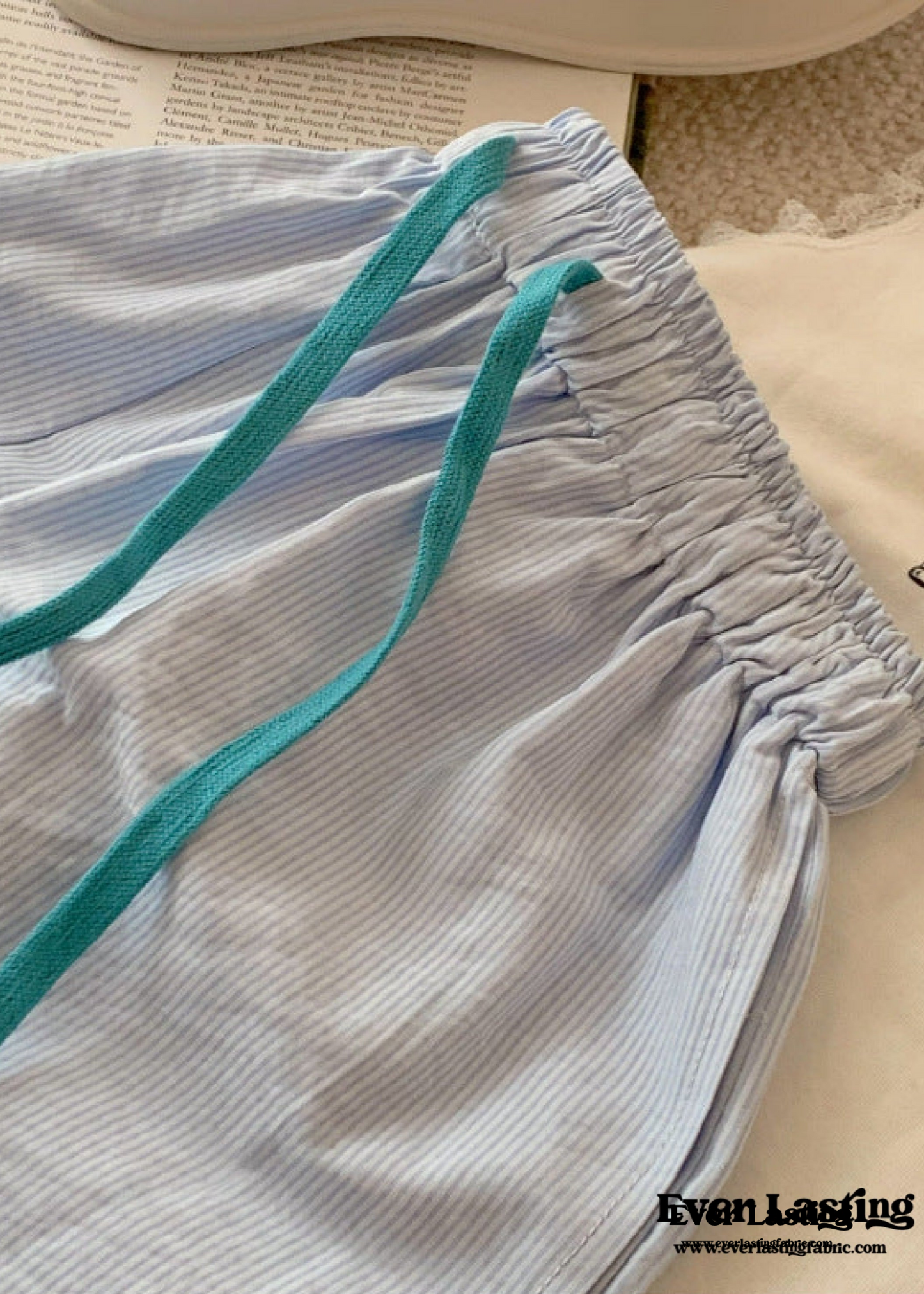 Ruffle Thin Stripes Shorts Lounge Bottoms / Light Blue