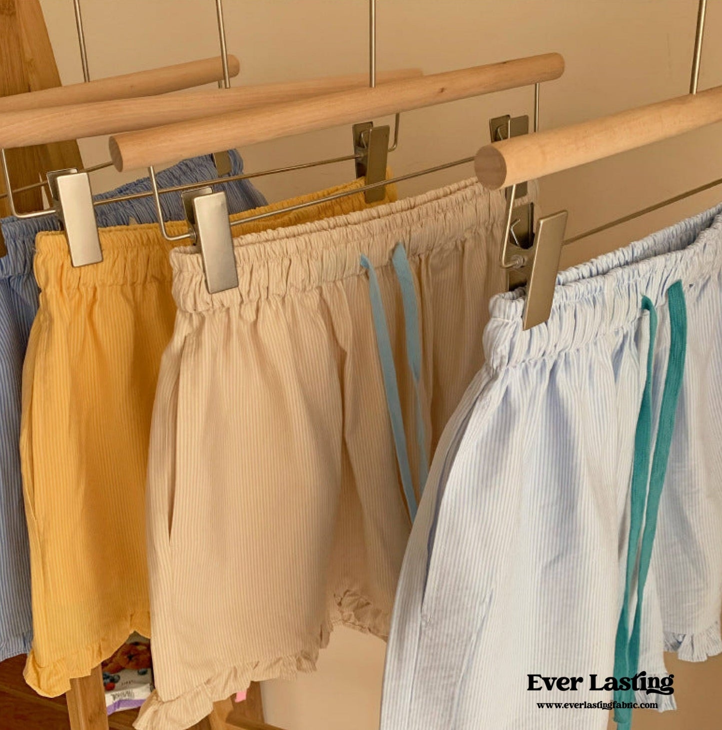 Ruffle Thin Stripes Shorts Lounge Bottoms / Light Blue
