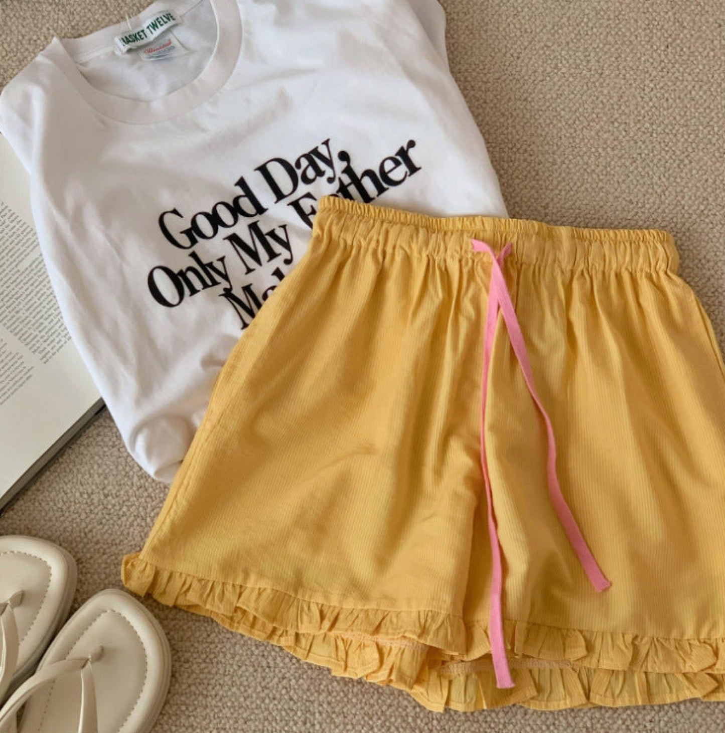 Ruffle Thin Stripes Shorts Lounge Bottoms / Light Blue