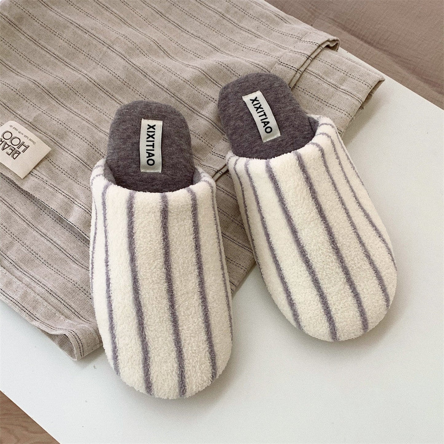 Striped Cotton House Slippers / Brown