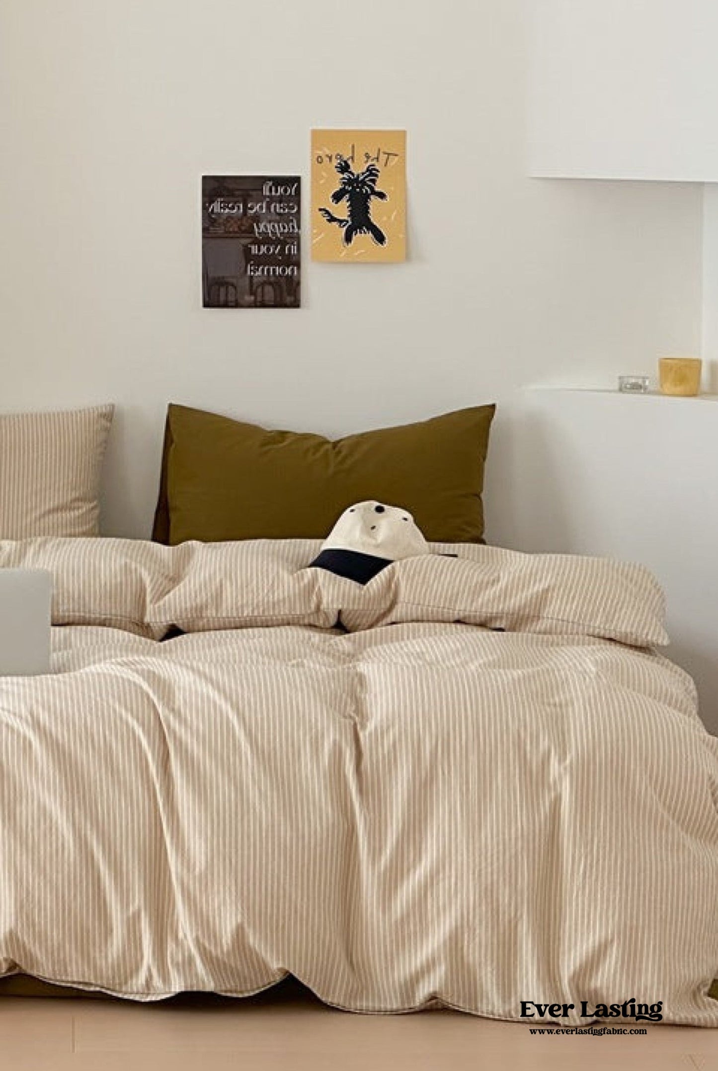 Thin Striped Bedding Set / Beige & Olive Green