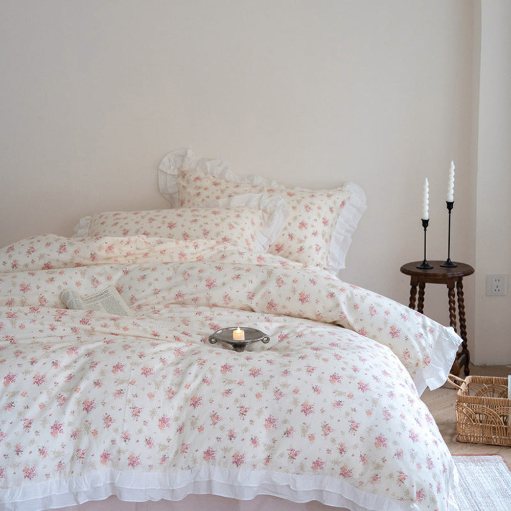 Annie Lace Ruffle Floral Bedding Set / Cream Blue