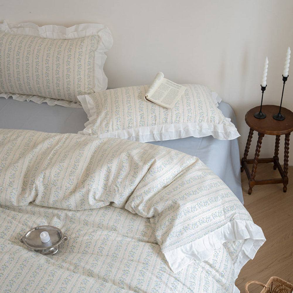 Annie Lace Ruffle Floral Bedding Set / Cream Blue