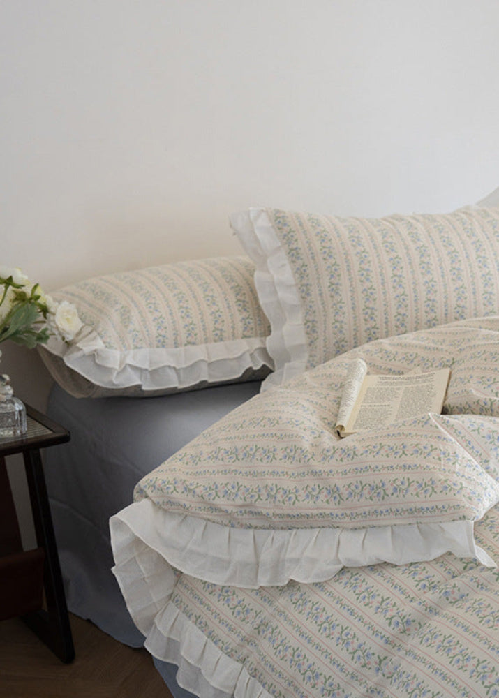 Annie Lace Ruffle Floral Bedding Set / Cream Blue