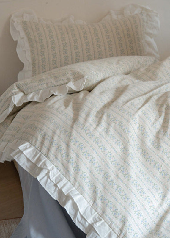 Annie Lace Ruffle Floral Bedding Set / Cream Blue