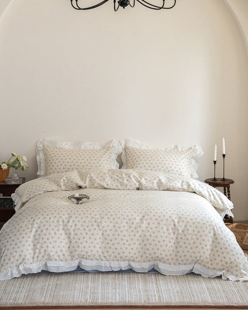 Annie Lace Ruffle Floral Bedding Set / Cream Blue