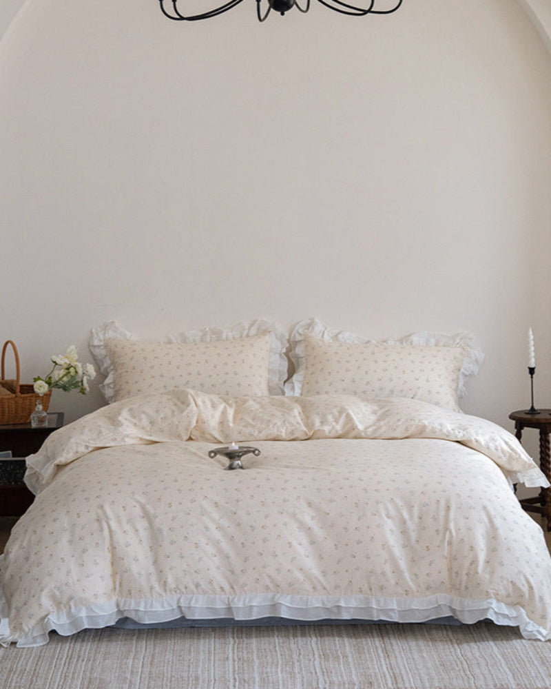 Annie Lace Ruffle Floral Bedding Set / Cream Blue