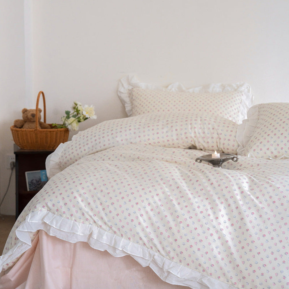 Annie Lace Ruffle Floral Bedding Set / Cream Blue