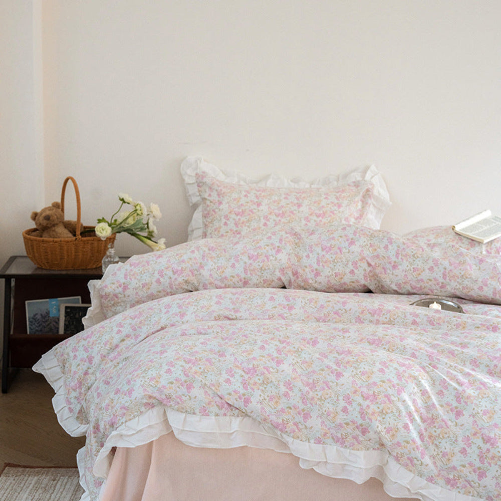 Annie Lace Ruffle Floral Bedding Set / Cream Blue
