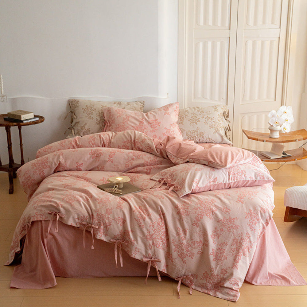 Bonnie Ribbon Bow Tie Floral Bedding Set / Light Gray