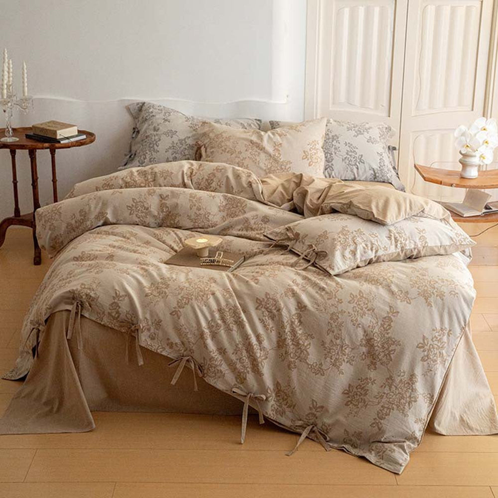 Bonnie Ribbon Bow Tie Floral Bedding Set / Light Gray