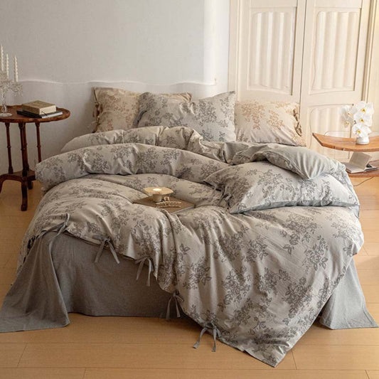 Bonnie Ribbon Bow Tie Floral Bedding Set / Light Gray