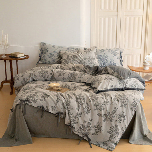 Bonnie Ribbon Bow Tie Floral Bedding Set / Dark Gray