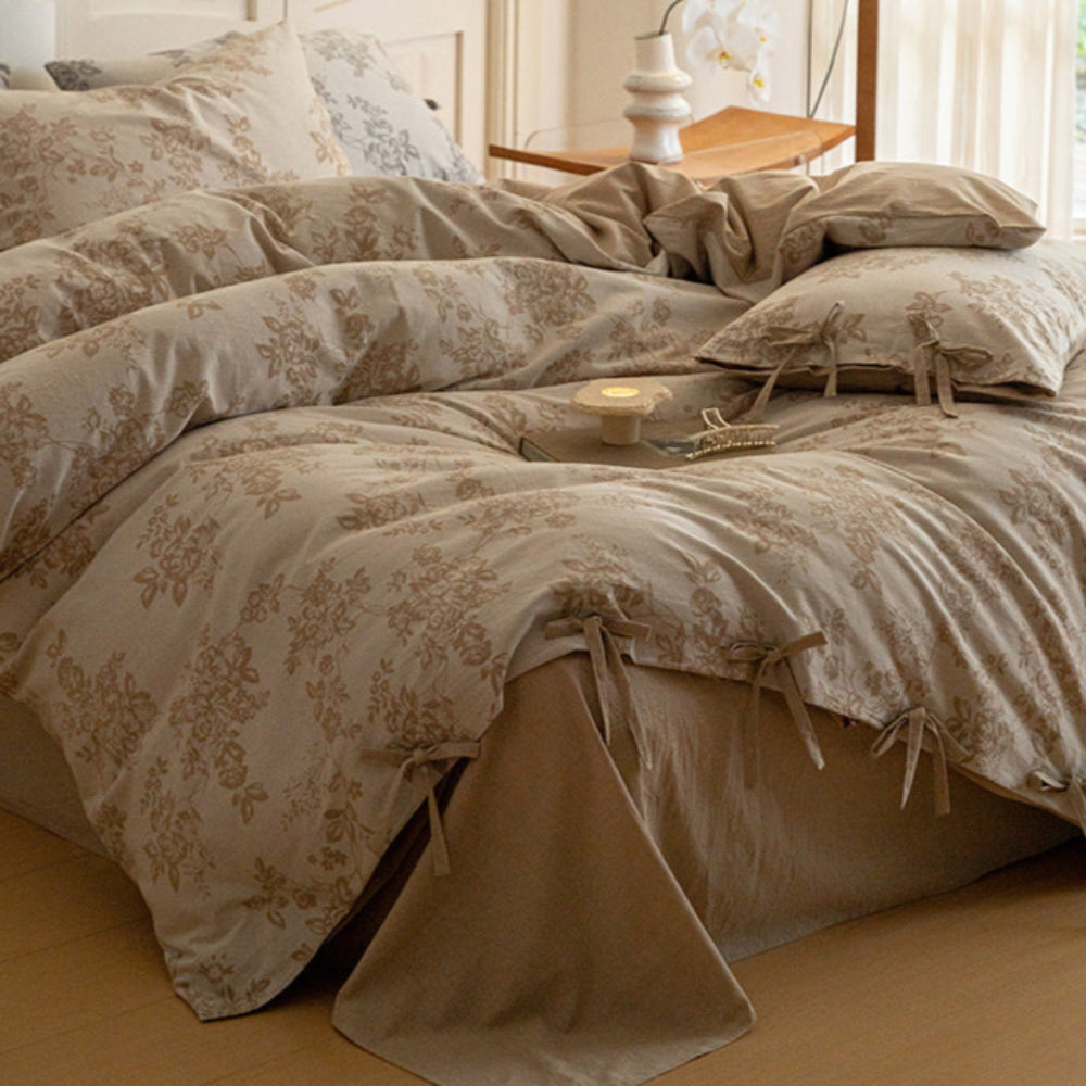 Bonnie Ribbon Bow Tie Floral Bedding Set / Brown